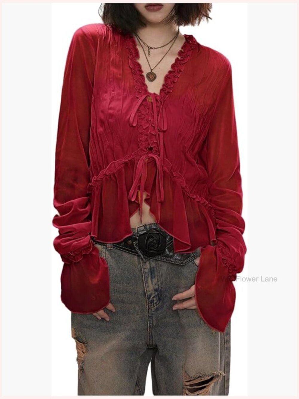 Long Sleeve Chiffon Mesh Blouse Ruffle Trim Tie Boho Crop Top